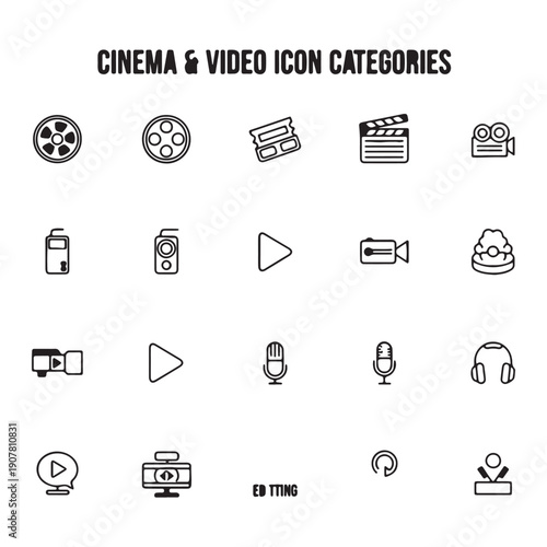 Cinema video icon set, movie film outline icons, media playback symbols, cinema video vector pack, film production icons, video player line icons, multimedia ui icons

