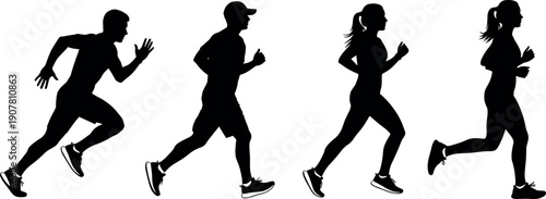 Black silhouettes of runners set involving men and women sprinting and jogging isolated on white background for fitness and sport.