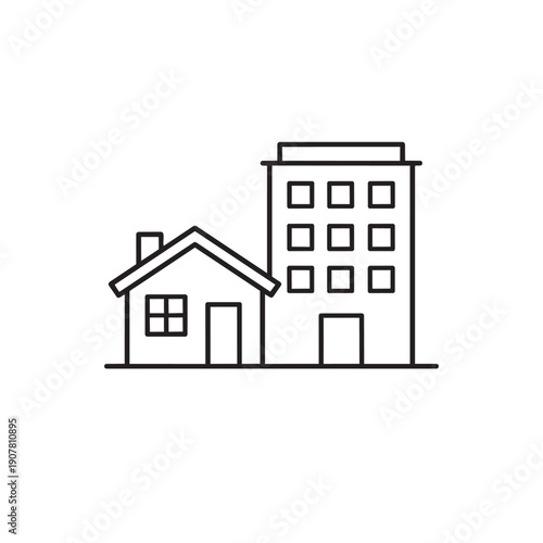 Simple line drawing of residential house next to an apartment building illustration