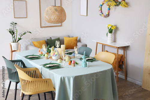 Festive table setting for Easter celebration in dining room