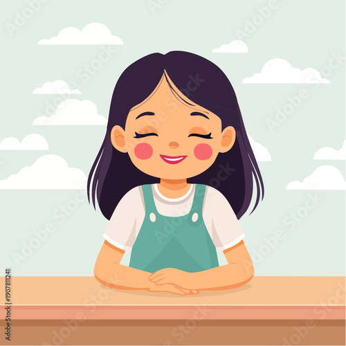 A young girl with calm expression sitting relaxed on a serene background with clouds, vector illustration