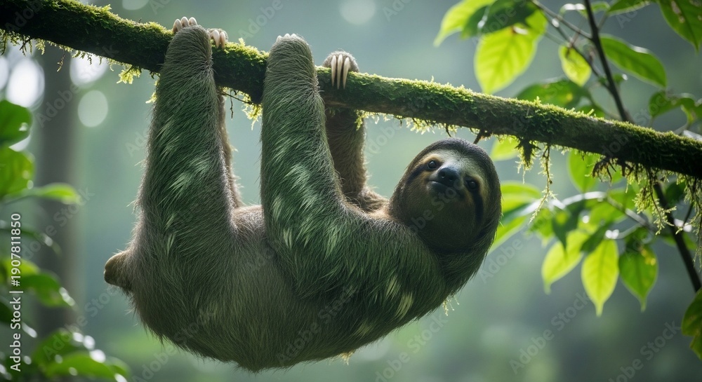 Naklejka premium A slow-moving sloth hangs upside down from a tree branch in a lush rainforest.