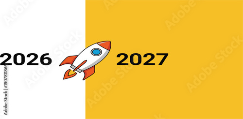 Future Business Growth Concept Illustration with Rocket Moving from 2026 to 2027 Representing Strategic Planning, Progress, Innovation, and Company Development