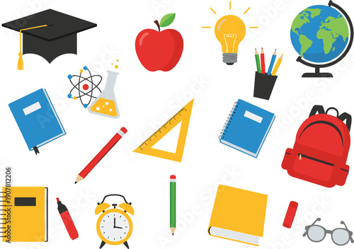 Colorful education and school supplies icons set with learning study objects flat vector illustration