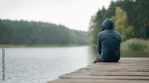Wallpaper Mural A Solitary Fisherman Casting His Line into a Tranquil Lake Surrounded by Dense Forest on a Foggy Morning Torontodigital.ca