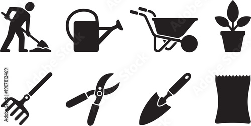 Set of black and white gardening tools and icons isolated on transparent background