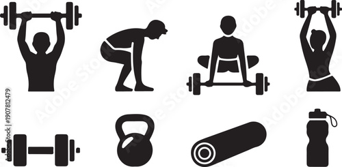 Set of black and white gym exercise icons with equipment isolated on transparent background