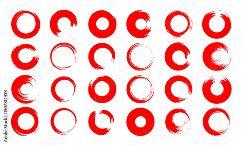 Red circle ring collection with complete and incomplete circular arc crescent shapes for modern minimalist graphic design icon set elements in vector illustration style