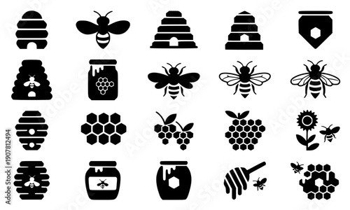 Bee honey honeycomb beehive icon collection with apiary insect symbol set featuring hexagonal pattern jar dipper in minimalist black silhouette vector graphic style