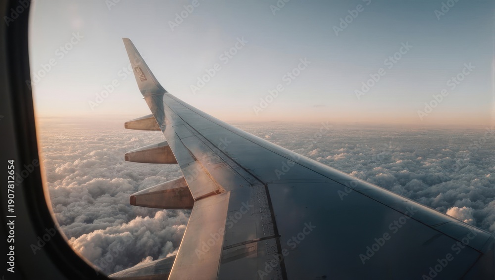 Obraz premium Airplane wing view above clouds during a beautiful sunset flight.