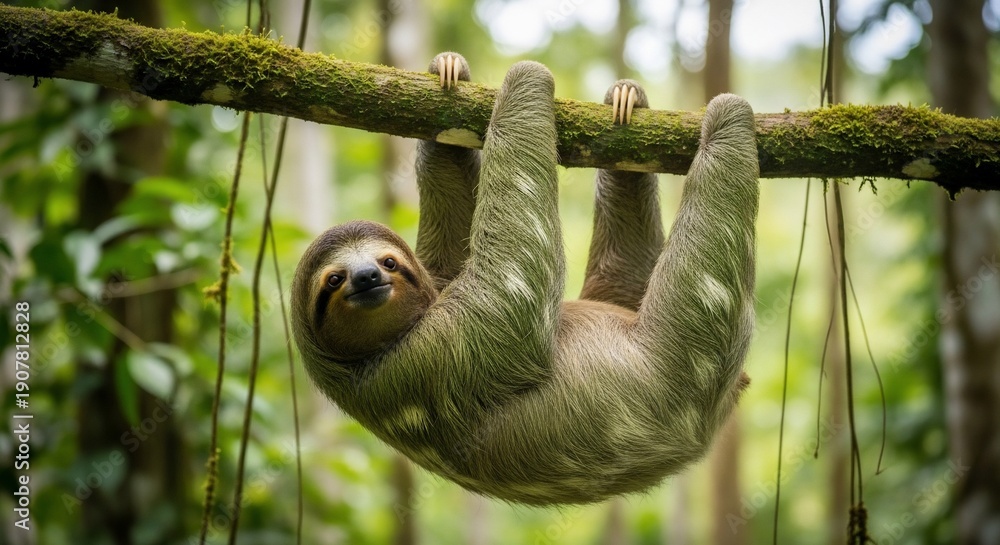 Obraz premium Adorable Three-Toed Sloth Hanging Upside Down on a Tree Branch in a Lush Green Rainforest.