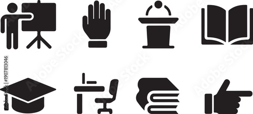 Set of educational and academic icons featuring teaching and learning symbols