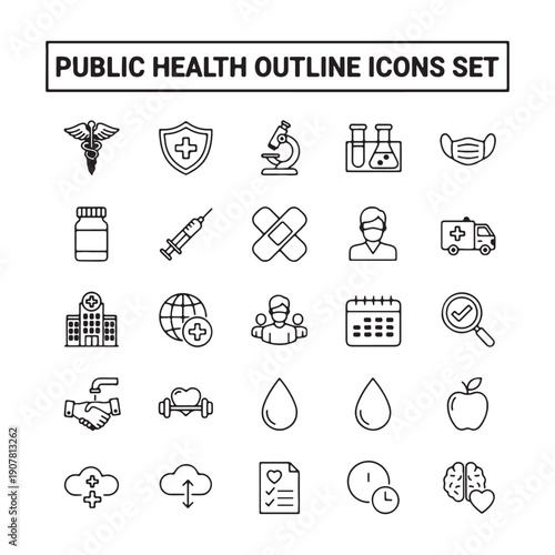 Public health outline icon set, healthcare awareness symbols, medical prevention icons, public safety vector pack, health service line icons, community health icons, medical ui pack

