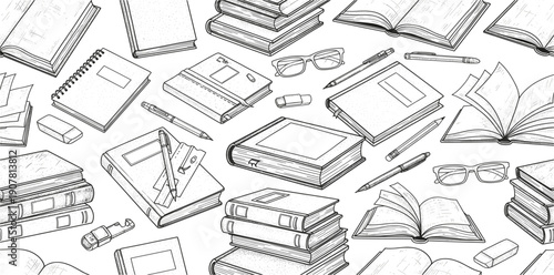 Hand Drawn Books and Study Supplies Seamless Pattern Illustration with Notebooks, Pens, Glasses, and Reading Elements for Education and Publishing Designs