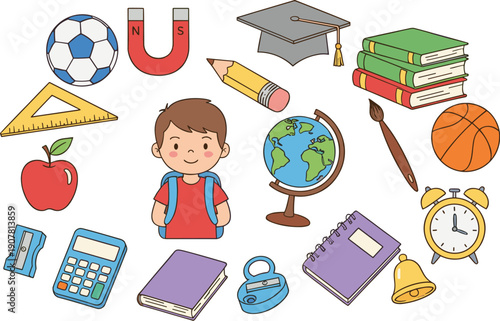 Kids education icons set with schoolboy character learning supplies and classroom objects flat vector illustration