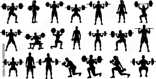 Fitness Silhouettes Collection of Men and Women Doing Gym Workouts, Weightlifting, and Bodybuilding Exercises Vector Illustration Set