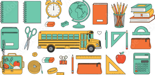 Colorful school supplies and education icons set with learning objects classroom items flat vector illustration