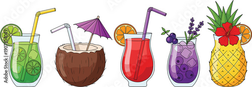 Tropical cocktail drinks set with colorful summer beverages fruit garnishes and straws flat vector illustration
