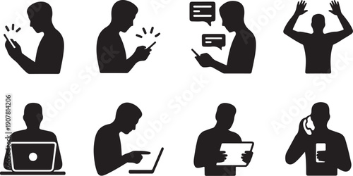 Set of eight black silhouette icons showing various communication and technology interactions