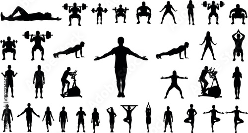 Fitness Workout Silhouettes Set Vector Illustration of People Exercising in Gym Doing Yoga and Cardio Sports Collection