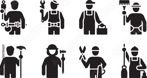 Set of eight different construction worker icons with various tools isolated on transparent background