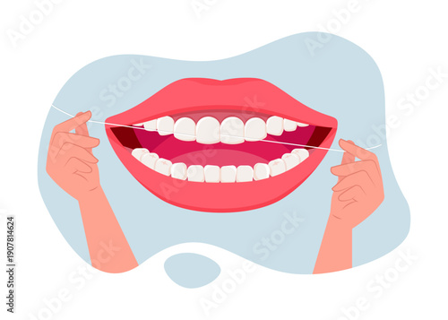 Flat vector of hands using dental floss to clean healthy teeth, promoting oral healthcare and a bright smile.