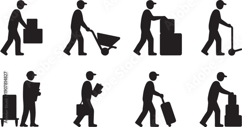 Set of eight icons showing different luggage and manual labor activities