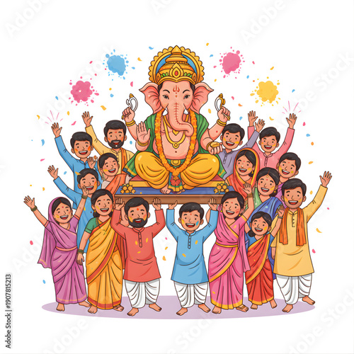 Group of devotees carrying Ganesh idol for visarjan, joyful vector caricature