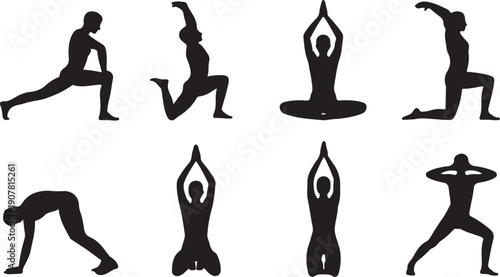 Set of eight yoga poses illustrated with black silhouettes on transparent background