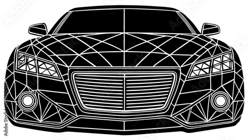 Sleek high-end black sports car in a direct front-facing view. Minimalist high-contrast lighting highlights the hood and triple-lens headlights. Set against a dark, expansive background, creating a dr