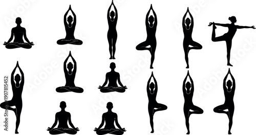 Set of black yoga silhouettes women practicing meditation, tree pose, and lotus balance exercises isolated vector illustration