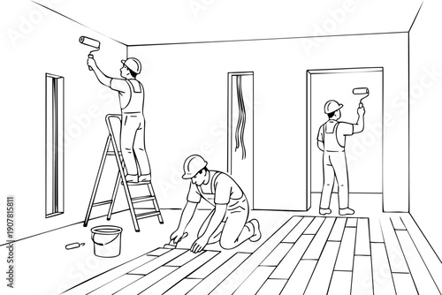 Three men are painting a room. One man is on a ladder, the other two are on the floor