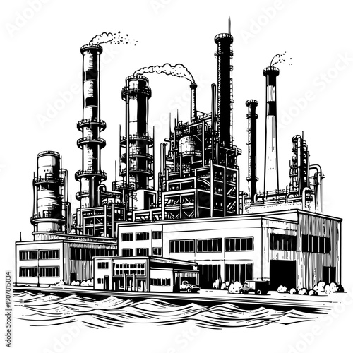 Large industrial plant with a lot of smoke coming out of it. The plant is surrounded by water