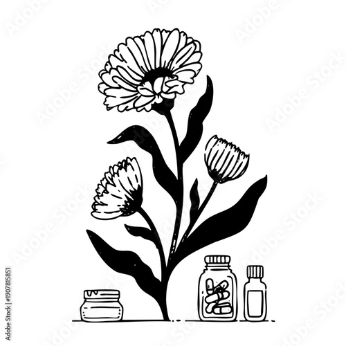 Flower with a jar of pills and a bottle of lotion next to it. The flower is the main focus of the image, but the other objects add context and detail to the scene. Concept of health and wellness