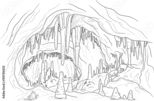 Black and white cave interior sketch, stalactites and stalagmites formation, underground cavern landscape, pencil drawing illustration concept art
