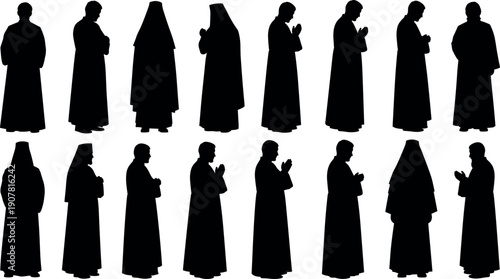 Set of Priest Silhouettes Vector Collection with Religious Men in Robes Praying and Standing Isolated on White Background