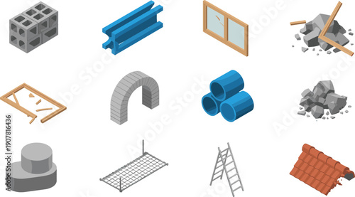 Isometric architectural construction materials illustration set, concrete blocks steel beams pipes rubble frames ladder and building elements vector