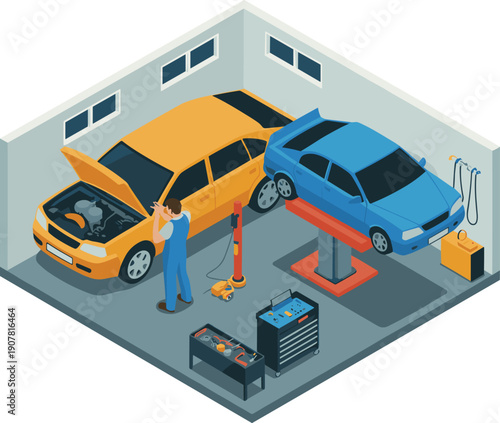 Isometric car repair garage scene, mechanic servicing vehicles with lift equipment, automotive workshop maintenance illustration design pack