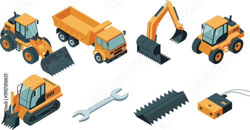 Isometric construction equipment illustration set, loader truck excavator and industrial machinery tools vector graphics collection assets