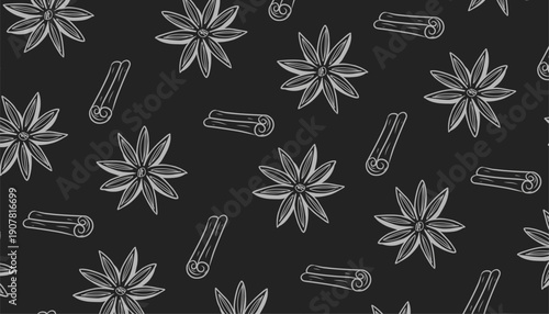 Seamless pattern with star anise and cinnamon sticks. Hand drawn spice illustration. Kitchen Herb and Vegetable Line Art. Black and white aromatic kitchen background.