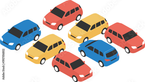 Isometric parking lot with colorful cars, urban vehicle arrangement scene, organized city transport grid illustration design pack