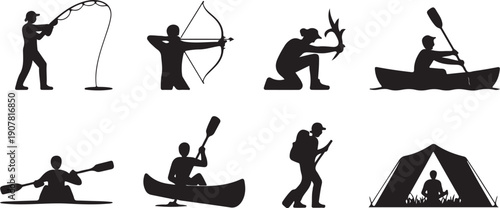 Silhouette illustrations of various outdoor recreational and camping activities
