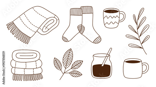Cozy Autumn Essentials Hand Drawn Socks Scarf Coffee Vector Illustration