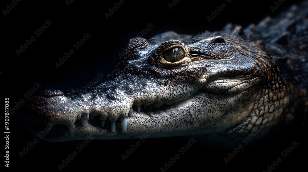 Fototapeta premium Close-up of a Caimans Head Emerging from Dark Water.