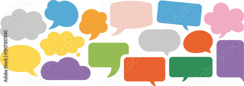 A vibrant collection of colorful speech bubbles in various shapes and sizes are scattered against a white background high-quality professional