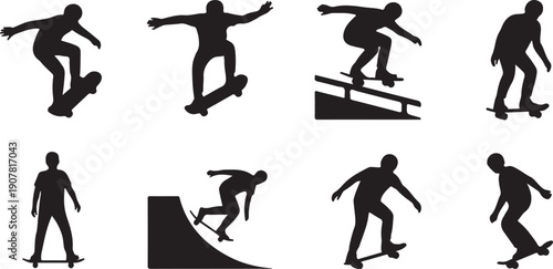 Skateboarder performing various tricks and stunts on ramps and rails