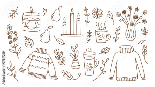 Cozy Autumn Sweater and Home Decor Hand Drawn Elements Vector Illustration