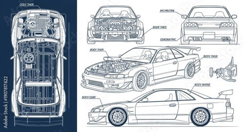 Car Technical Drawing Blueprint Illustration.