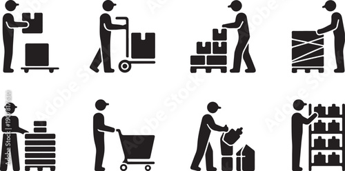 Wallpaper Mural Warehouse workers handling various types of cargo and storage equipment icons Torontodigital.ca