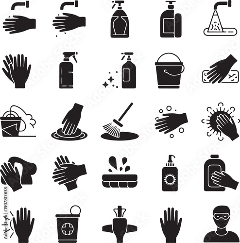 Disinfection flat icons. Vector illustration included icon as spray bottle, floor cleaning mop, wash hands gel, autoclave uv lamp black silhouette pictogram for housekeeping